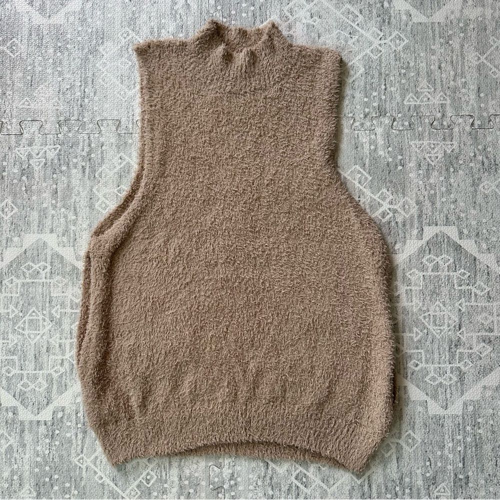 Favlux Fashion Light Beige Turtle Neck Sweater Vest Sleeveless Side Slits Size M